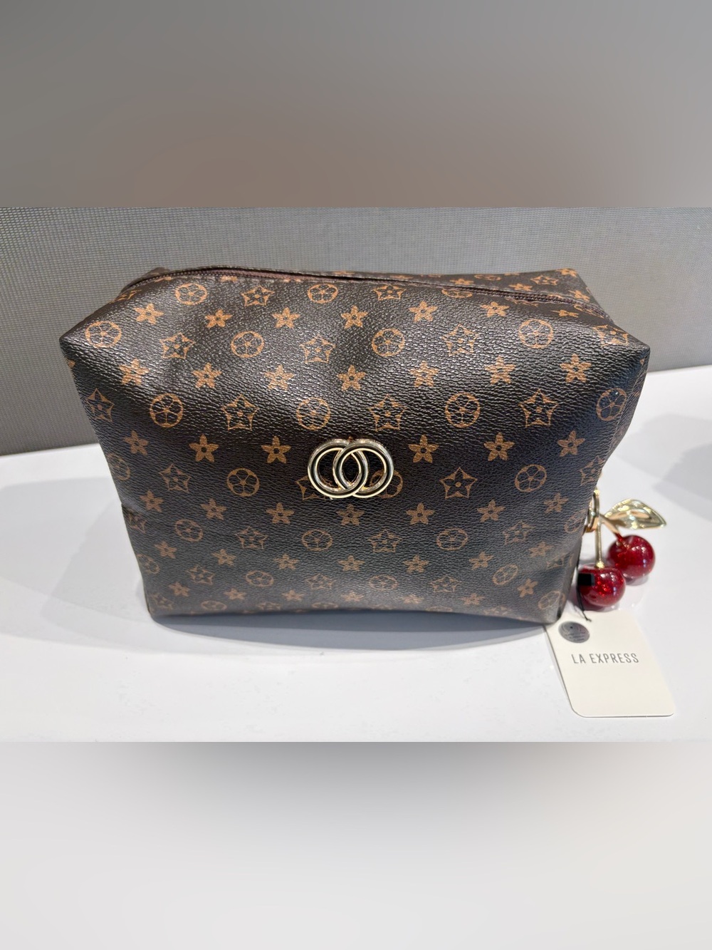 FASHION Designer-Style Brown Patterned Women's Bag with a Pop of Cherries